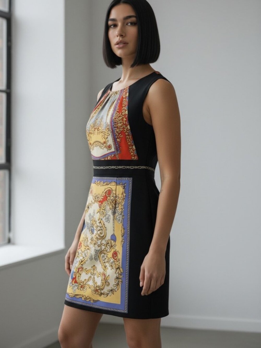 London Times Women Black Scarf Baroque Print Sheath Dress Size 14 Career Work